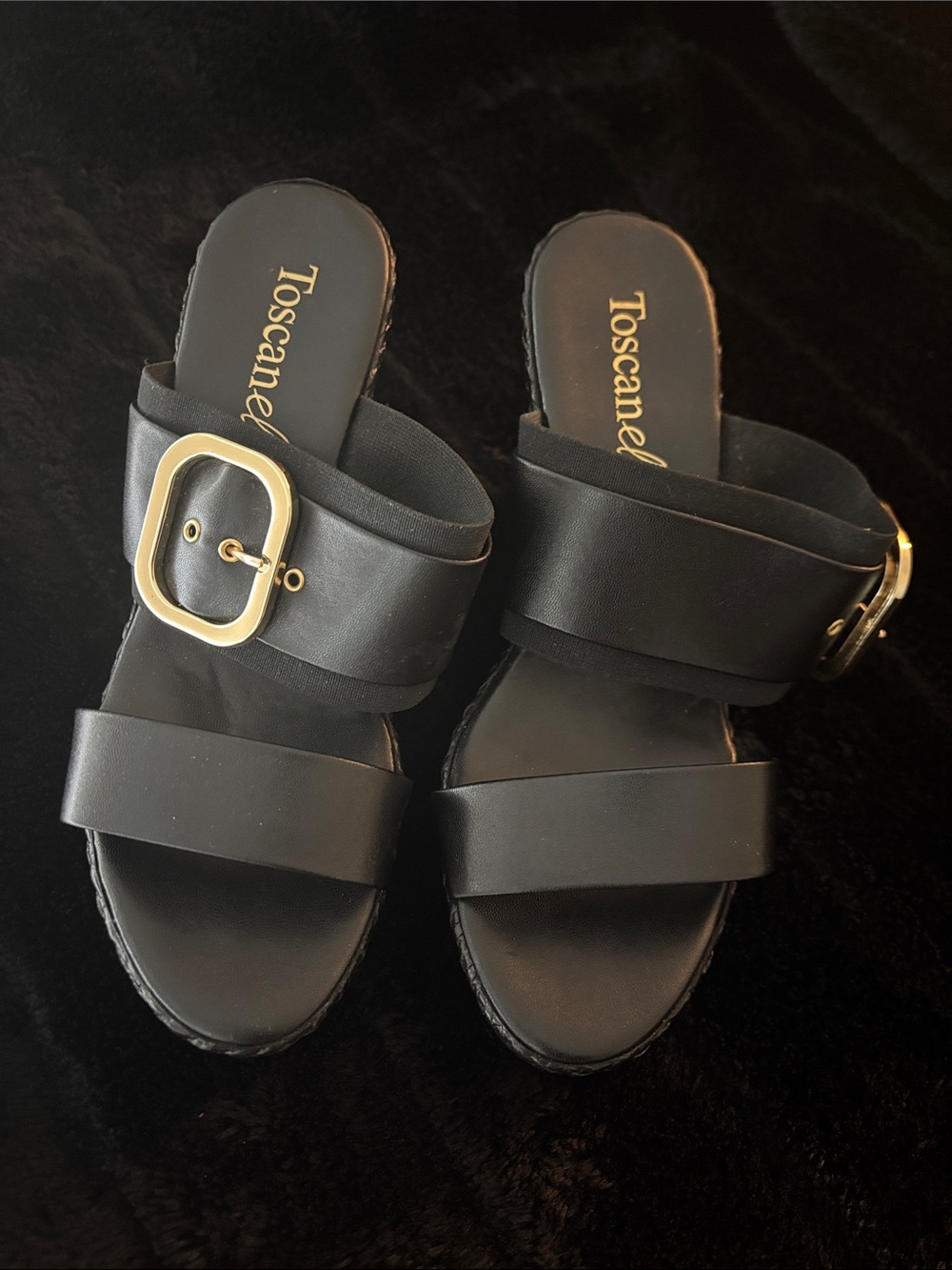 New Black Slide wedge heels with Gold Buckle
